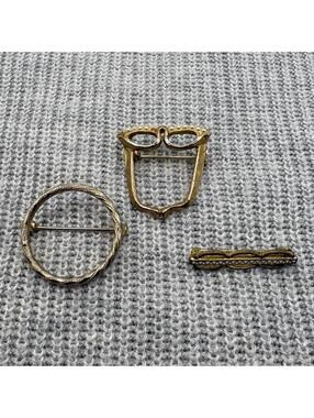 Lot of 3 Vintage Gold Tone Brooches Mixed Styles Circle Glasses Bar